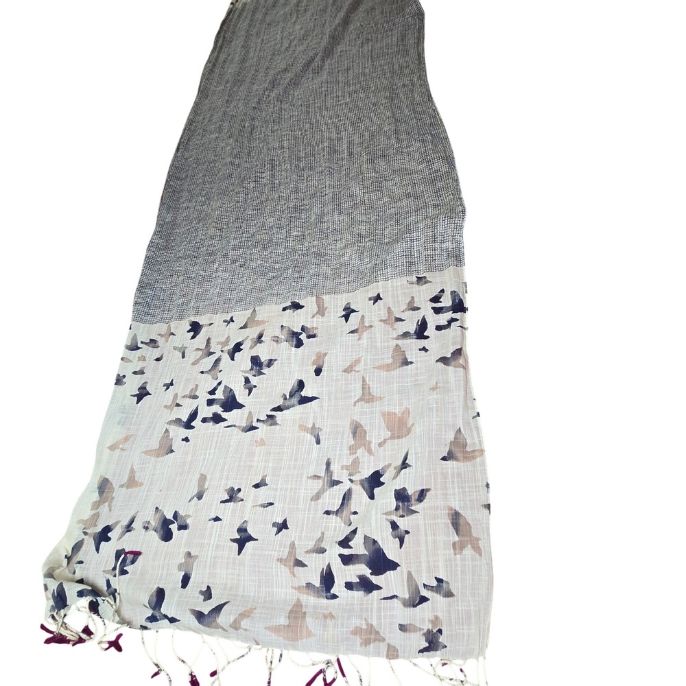Scarf Belt Shawl Sash Table Runner Bandana Beach Cover Up Gray Birds 72"x21" VTG